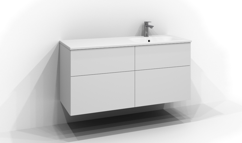 Poem kommod 120 cm bred, vägghängd, i vitt med fyra lådor utan handtag. Vitt tvättställ i mineralkomposit med balja till höger och kromad ettgreppsblandare monterad till höger på tvättstället.