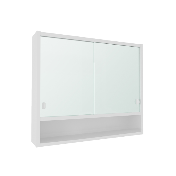 A60 spegelskåp 60 cm i vitt med två spegeldörrar och öppen hylla längst ner, utan belysning.