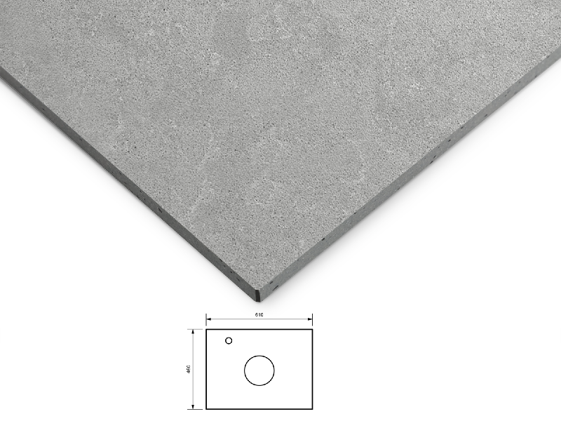 Glimmer bänkskiva 60 cm i en diskret grå nyans. Tvättställsplacering i mitten av bänkskivan, kromad ettgreppsblandare till vänster av tvättstället.