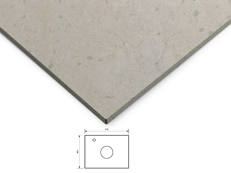 Kvarts bänkskiva 60 cm i en grå och sandfärgad yta. Tvättställsplacering i mitten av bänkskivan, kromad ettgreppsblandare till vänster av tvättstället.