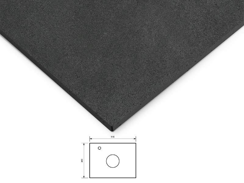 Skiffer bänkskiva 60 cm i en mörk och intensiv yta. Tvättställsplacering i mitten av bänkskivan, kromad ettgreppsblandare till vänster av tvättstället.