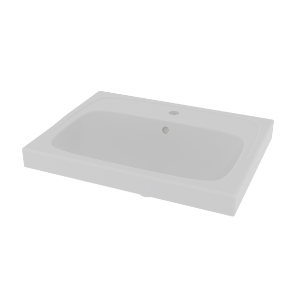 Tvättställ Deep i vitt porslin, 60x45 cm, med hål för blandare och avrinningshål. Snett uppifrån, transparent bakgrund.