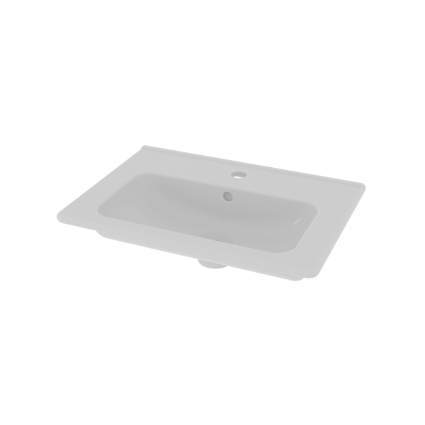 Tvättställ Hav i vitt porslin, 50x35 cm, med hål för blandare och avrinningshål. Snett uppifrån, transparent bakgrund.