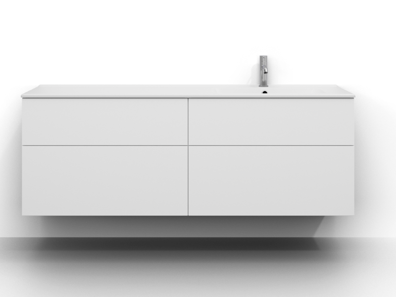 Poem kommod 160 cm bred, vägghängd, i vitt med fyra lådor utan handtag. Vitt tvättställ i mineralkomposit med balja till höger och kromad ettgreppsblandare monterad till höger på tvättstället.